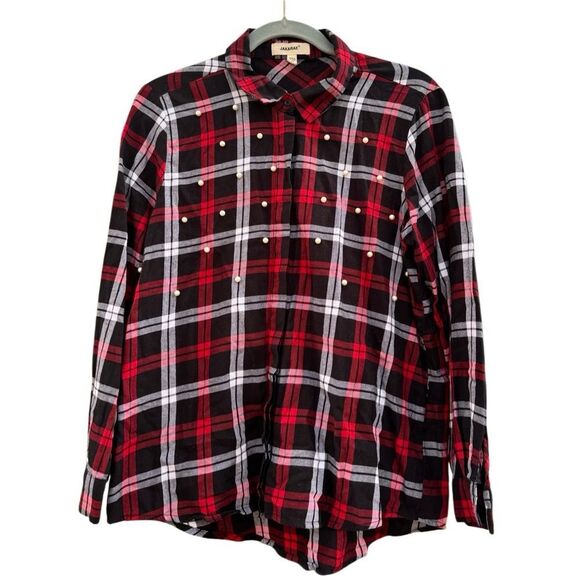 JAK&RAE Larue Faux Pearl-Embellished Cotton Button-Down Shirt Red Size Medium - Picture 5 of 8